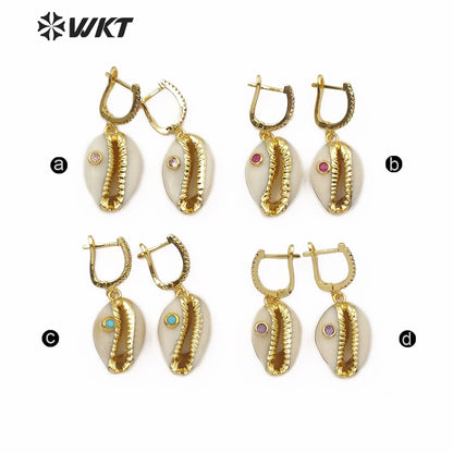 WT-E538 Unique Design Natural Cowrie With Cubic Zircon Charm Earring Stud Earrings Multi Option Original Cowrie Earring