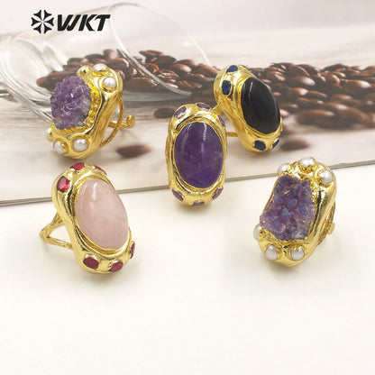 WT-R502 Fashion Women 18K Real Gold Plated Long Shape Natural Aura Druzy Amethyst Stone Ring With Freshwater Pearl Charms Around