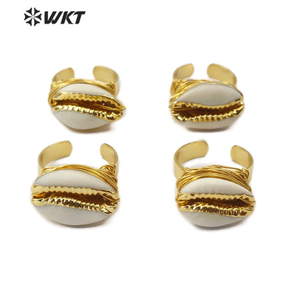 WT-R339 Wholesale Wire Wrapped Cowrie Ring New Arrival Natural Cowrie Gold Electroplated Ring Women Charm Jewelry Ring