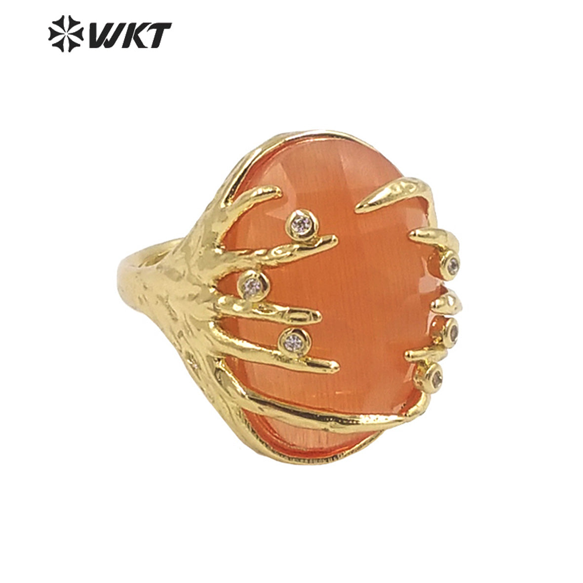 WT-R453 Wholesale Fashion Gold Bezel Claw Setting Oval Stone Ring Women Unique Trendy Cat Eye Stone Made Jewelry Party Ring