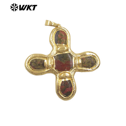 WT-P2034 Good Quality Trendy Style 18K Gold Plated Five Natural Stones Cross Pendants For Women Fashion Necklace DIY Findings