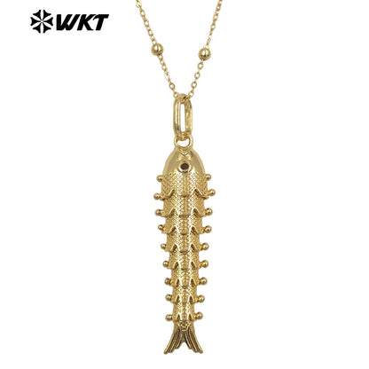 WT-N1515 Exquisite Thin Beads Chain Gold Electroplated Yellow Brass Fish Shape Pendant Necklace For Friends New Year Gift