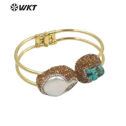 WT-MPB086 WKT 2023 New 18k Gold Plated Turquoise and Freshwater Pearl Cuff Bangle Boho Rhinestone Make Stone Bangle for Gift