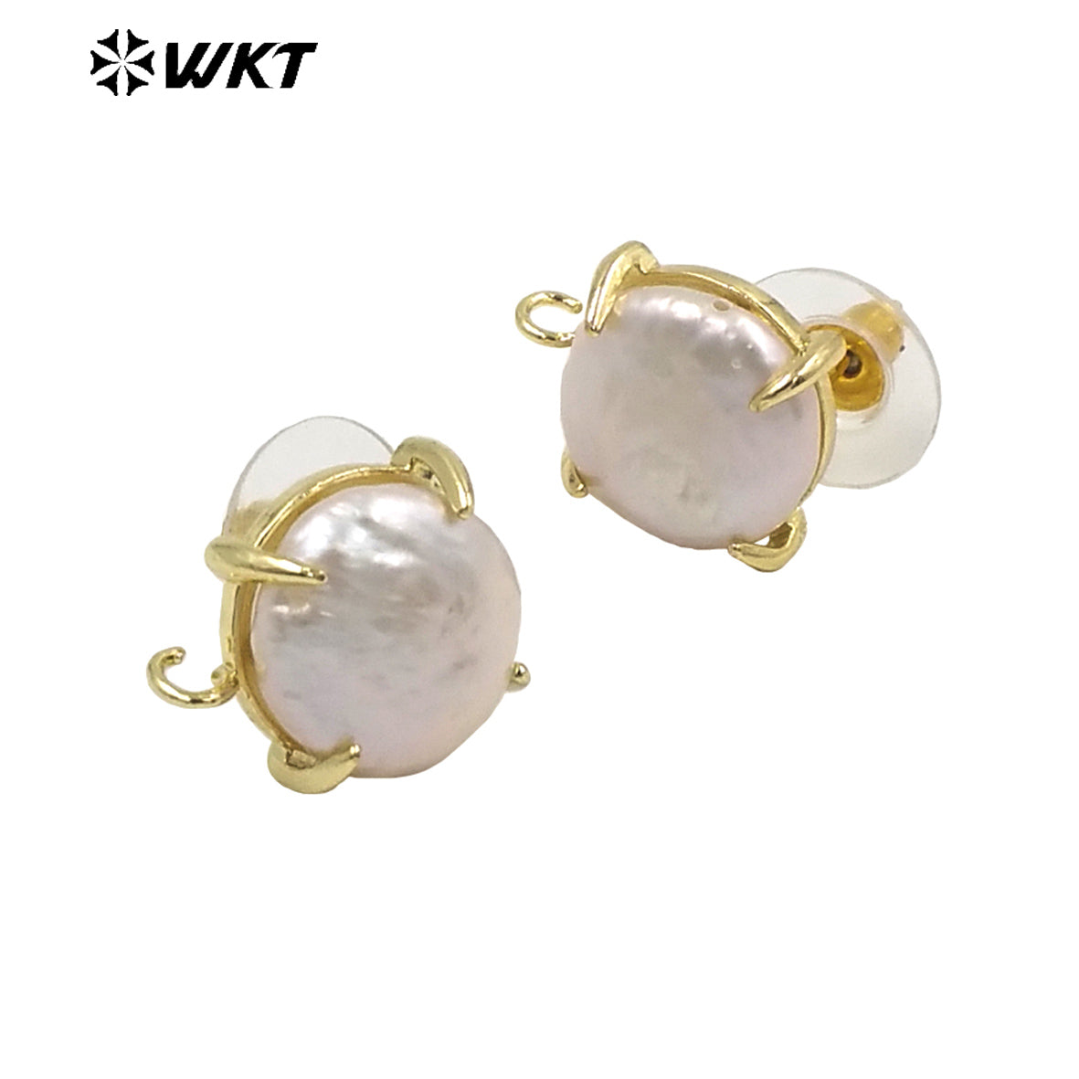 JFE81 Unique Fashion Gold Claw Setting Round Coin Freshwater Pearl Studs with Hoop for Jewelry Making Women DIY Popular Ear Stud
