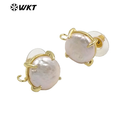 JFE81 Unique Fashion Gold Claw Setting Round Coin Freshwater Pearl Studs with Hoop for Jewelry Making Women DIY Popular Ear Stud