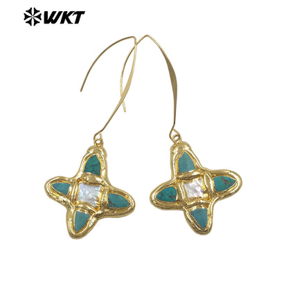 WT-E804 Popular Style Gold Electroplated Natural Turquoise And Pearl Cross Pendant Long Earrings As Women Daily Decorations