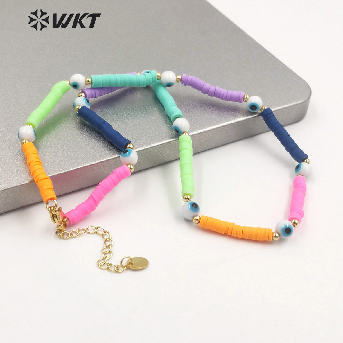 WT-JN207 Fashion Gold rainbow 6mm Space Beads Necklace Healing Turkish Eye Necklace Women Religious 16 Inch Long Choker Necklace