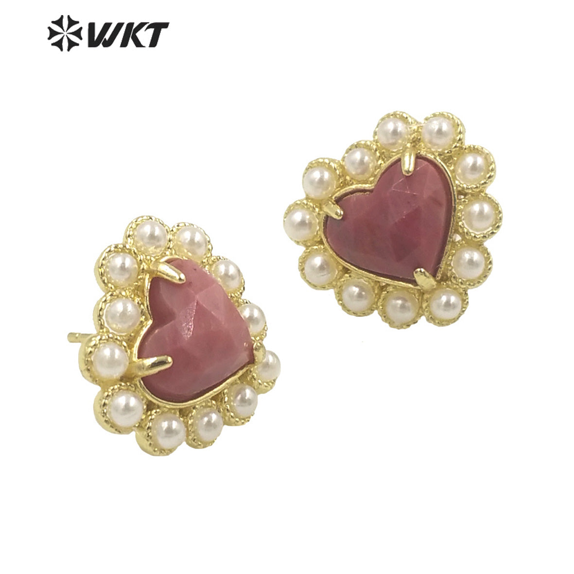 WT-MPE122 Amazing Fashion Gold Plated Natural Gemstone Heart Studs 18k Gold Plated Amethyst Gorgeous Studs