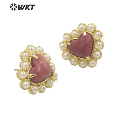WT-MPE122 Amazing Fashion Gold Plated Natural Gemstone Heart Studs 18k Gold Plated Amethyst Gorgeous Studs