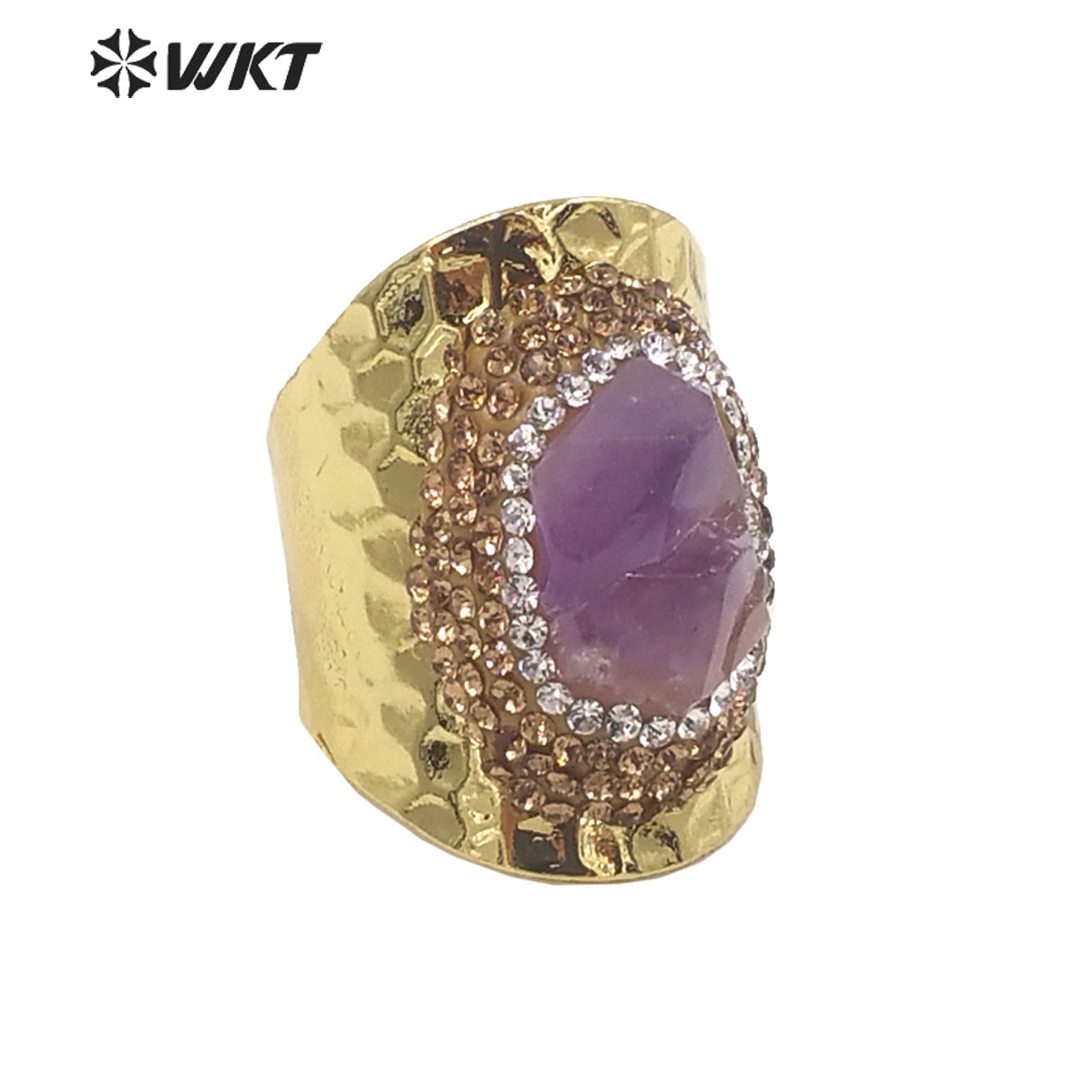WT-R447 WKT New Design Natural Brazil Cluster Amethyst Stone Ring Fashion Gold Rhinestone Ring for Party Lucky Ring