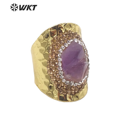 WT-R447 WKT New Design Natural Brazil Cluster Amethyst Stone Ring Fashion Gold Rhinestone Ring for Party Lucky Ring
