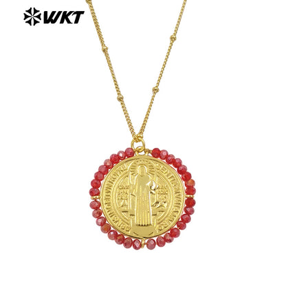 WT-MN991 Fashion Popular Women Wire Wrapped Brass 18K Gold St Benedict Medal Necklace With Crystal Decorate Religious Jewelry