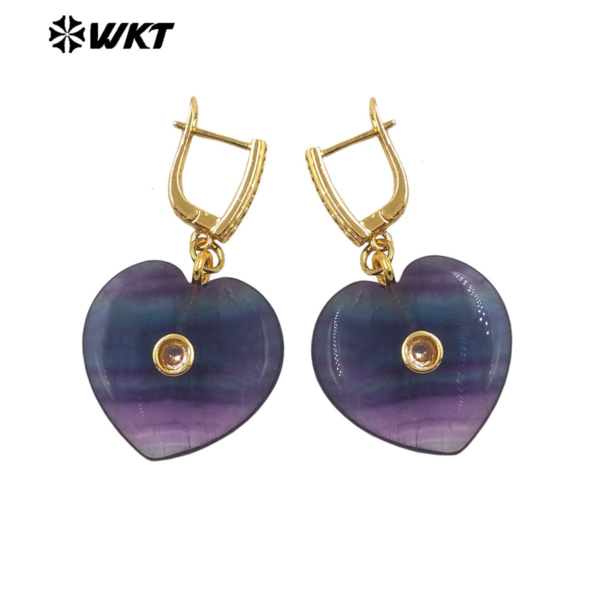 WT-E808 Lovely Gold Plated Natural Rainbow Fluorite Stone Heart Round Shape Earrings For Girlfriend Valentine's Day Gifts