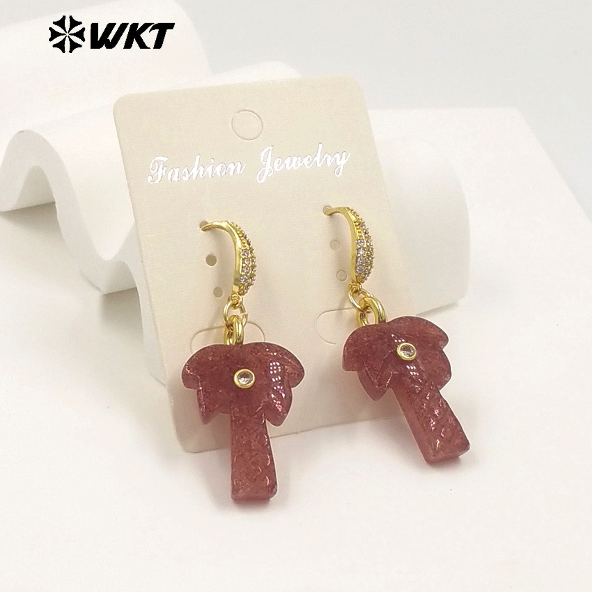 WT-E814 Beautiful Various Natural Gemstones Coconut Tree Shape Gold Pendant Earrings For Girls Summer Matching Jewelry