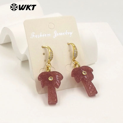 WT-E814 Beautiful Various Natural Gemstones Coconut Tree Shape Gold Pendant Earrings For Girls Summer Matching Jewelry