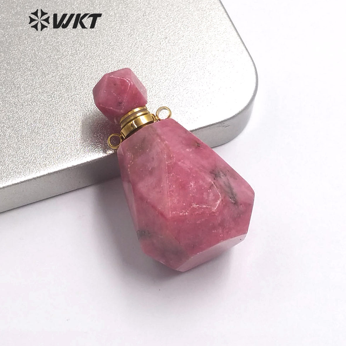 WT-P1479 Newest Natural Stone Perfume Bottle Pendant Smokey Quartz Pendant Rhodonite Pendant Stainless Steel Charm Jewelry
