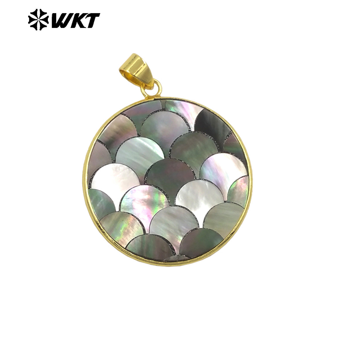 WT-JP405 High Quality Natural Grey Shell Pendant Flash Unique Design Gold Plated Round Shape for Handmade Charming Accessory