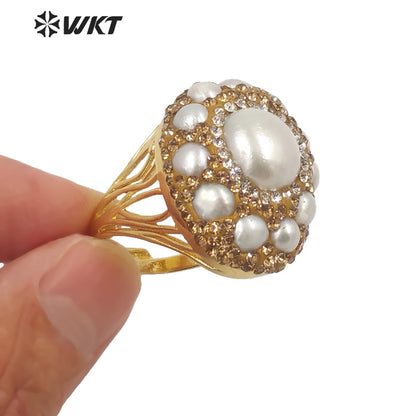 WT-MPR046 WKT Newest Handmade Rhinestone Setting Multi Pearl Ring Women Gold Plated Freshwater Pearl Wedding Ring for Gift