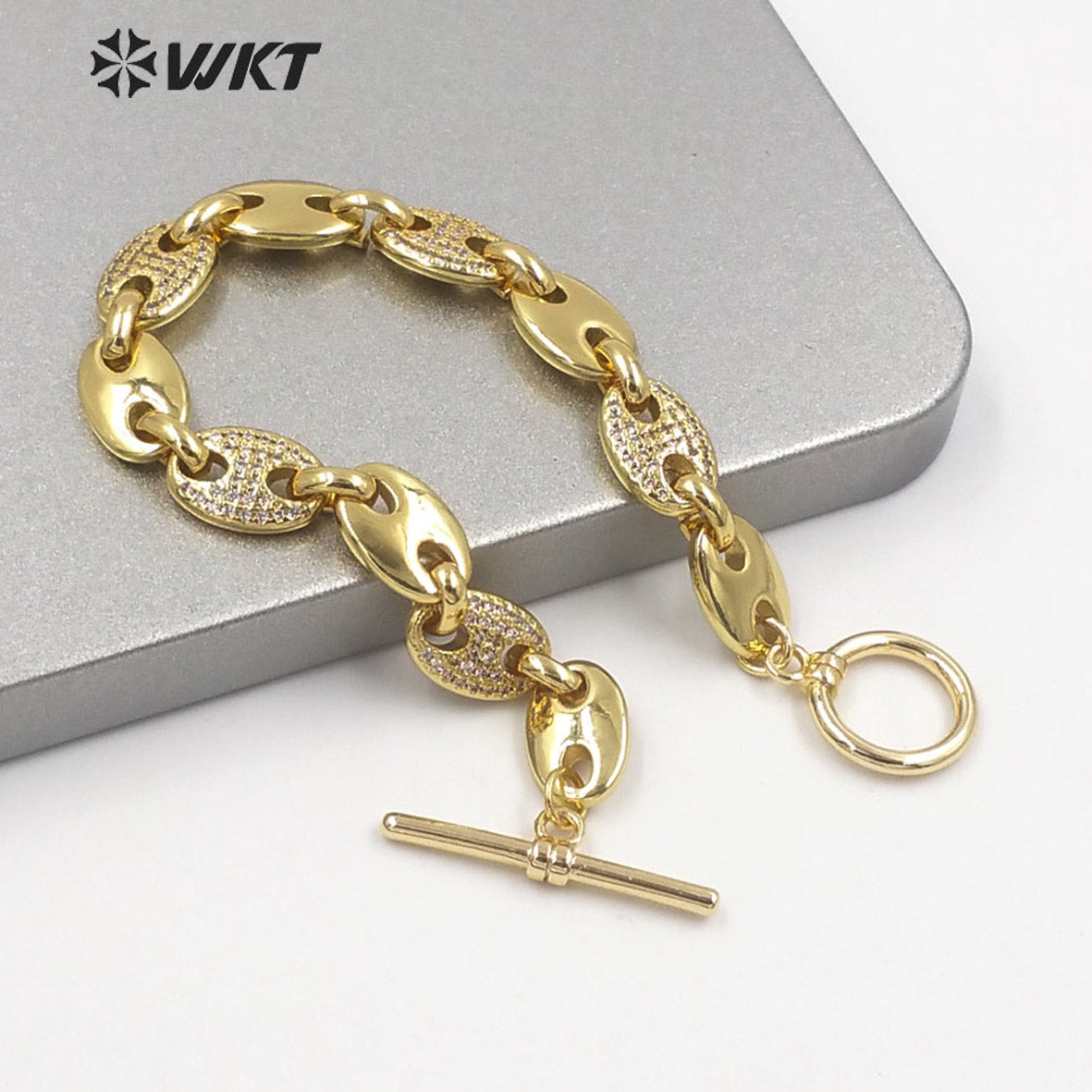 WT-MB119 Wholesale New Coffee Bean Cubic Zircon Chunky Chain Bracelet Europe 18k Real Gold Plated Big Chain Metal Bracelet
