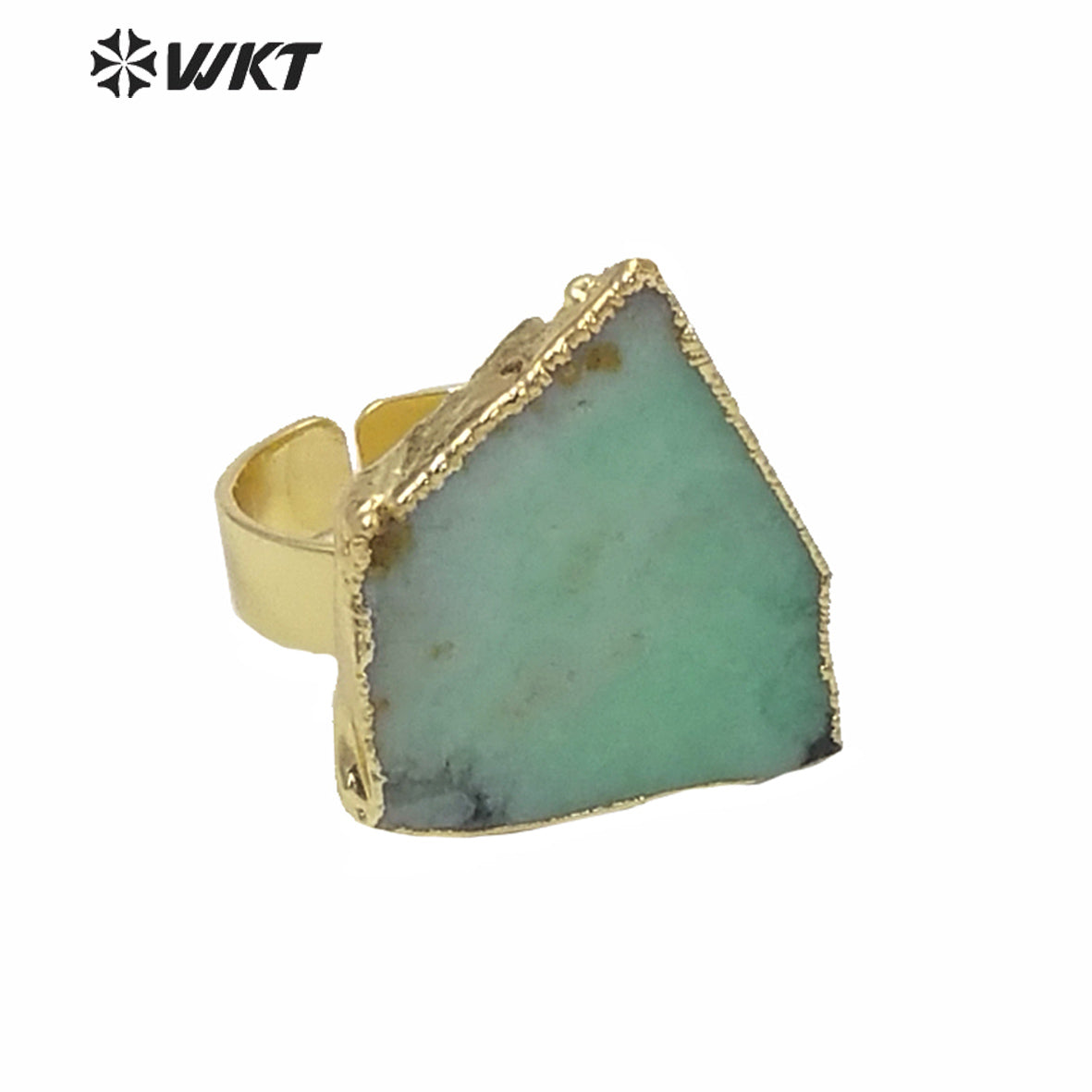 WT-R362 Newest Design Precious Chrysoprase Stone Ring Women Fashion Irregular Randomly Shape Green Jade Stone Gold Ring