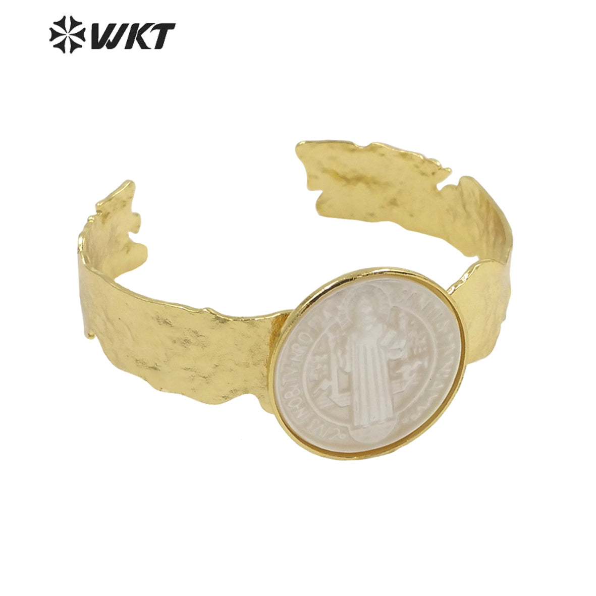 WT-MPB083 WKT New Religious Mother of Pearl St. Benedict Bangle Christian Virgin Mary Bangle Women Adjustable Shell Bangle