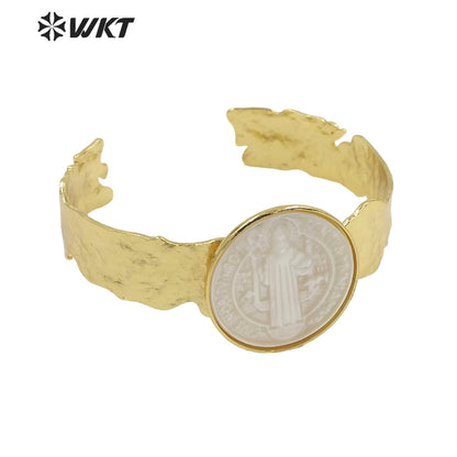 WT-MPB083 WKT New Religious Mother of Pearl St. Benedict Bangle Christian Virgin Mary Bangle Women Adjustable Shell Bangle