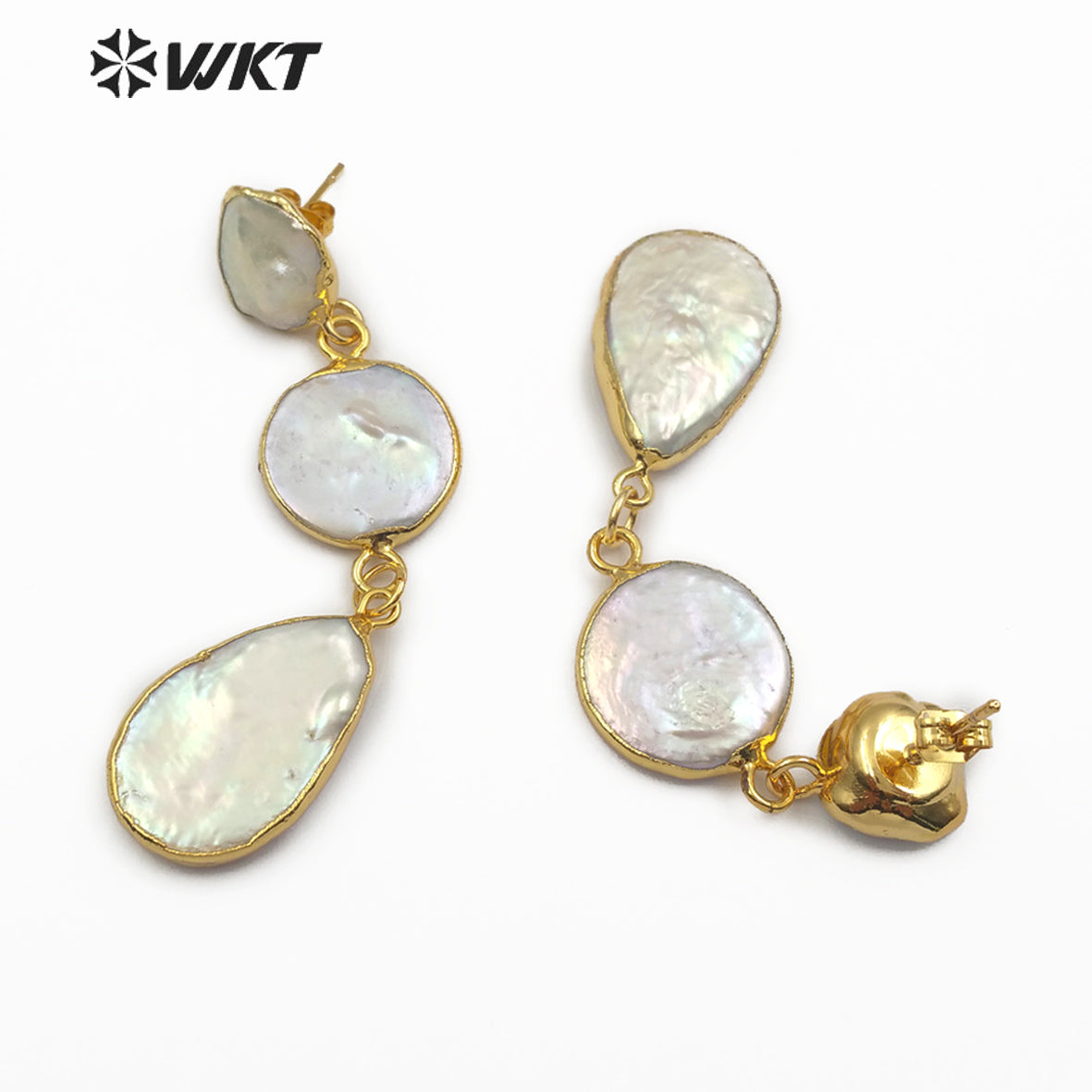 WT-E491 Three Pearls in Round Teardrop Shape Gold Earring Wedding Pearl Jewelry Gift for Her Natural Freshwater Pearl Earring