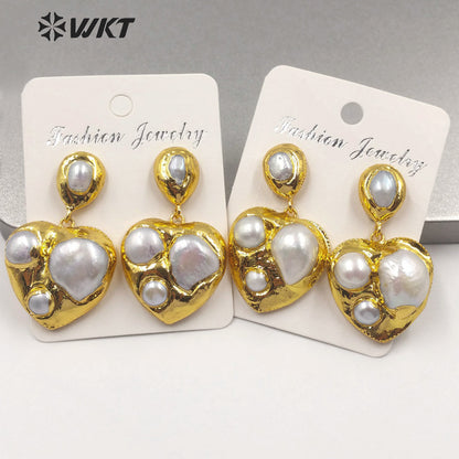 WT-MPE019 Gold Plated Freshwater Pearl Heart Earring Lady Classic Jewelry Natural Pearl Heart Shape Earring