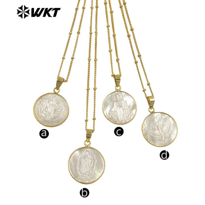 WT-JN032 New Hotsales White Shell Carved Mary of Guadalupe Pendant Necklace, Gold Bezel White Shell Jesus Mary Necklace