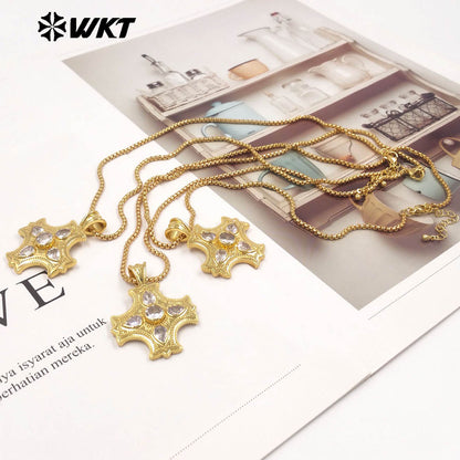 WT-JFN66 Popular Trendy Gold Plated Yellow Brass And Zircon Cross Shape Pendants Necklace For Lady Party Decorative Jewelry