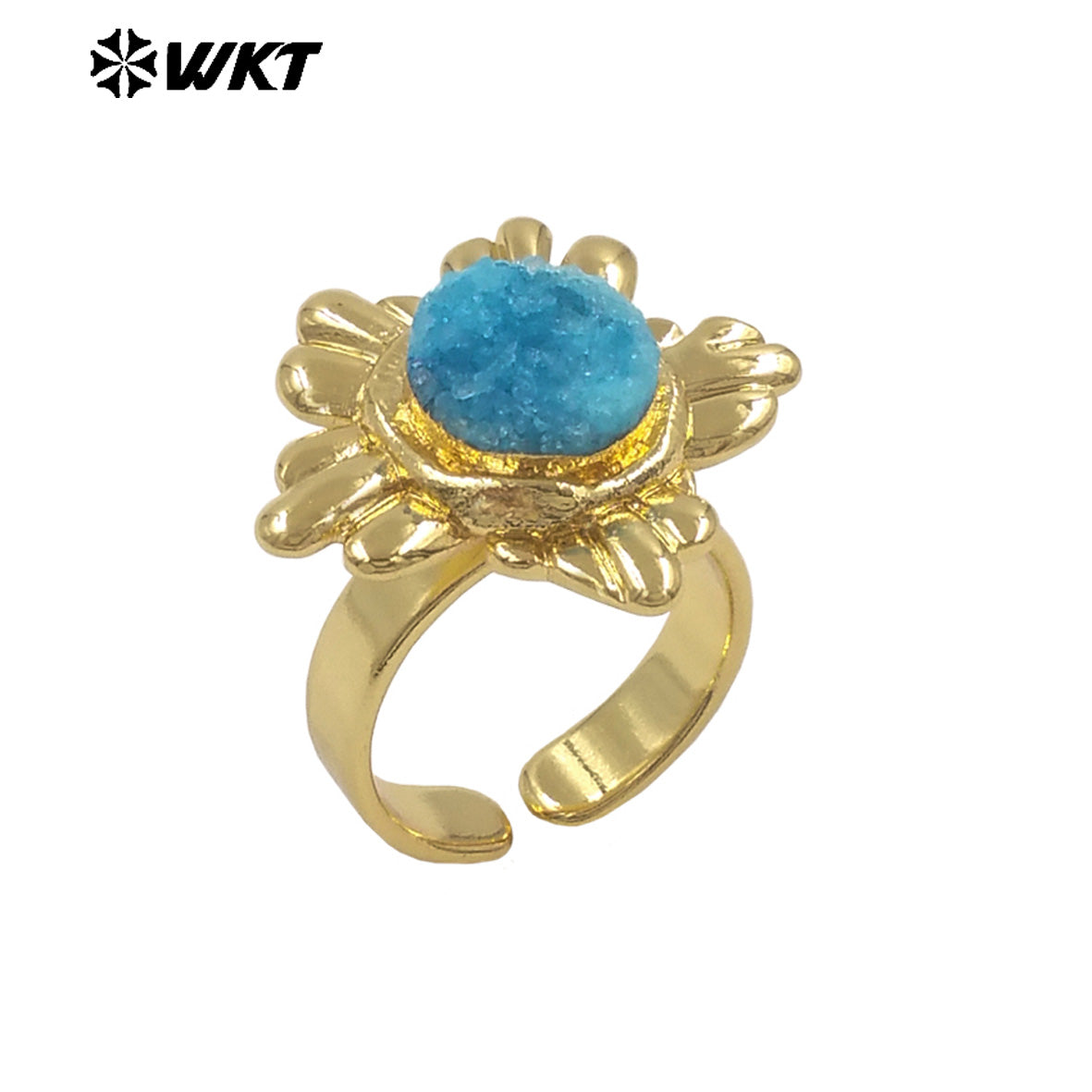 WT-R609 Beautiful Gold Plated Natural Druzy Quartz Stone Sun Flower Shape Women Rings For Party Trendy Wearing Accessory