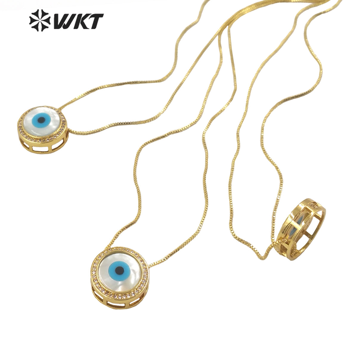 WT-MN970 Fashion 18k Real Gold Plated Micro Pave Cubic Zircon Natural Round Shell Eye Pendants Necklace Charming Eye Necklace