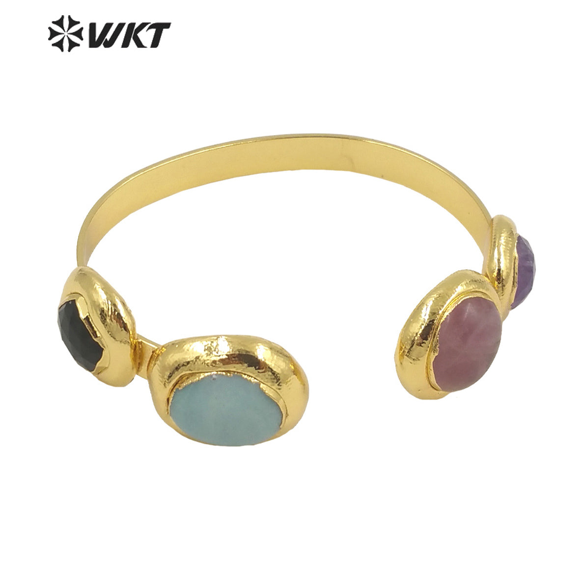WT-B592 WKT 2022 Fashion Jewelry Sun Stone Amethyst Black Obsidian Adjustable Gold Bangle Natural Triple Stone Bangle