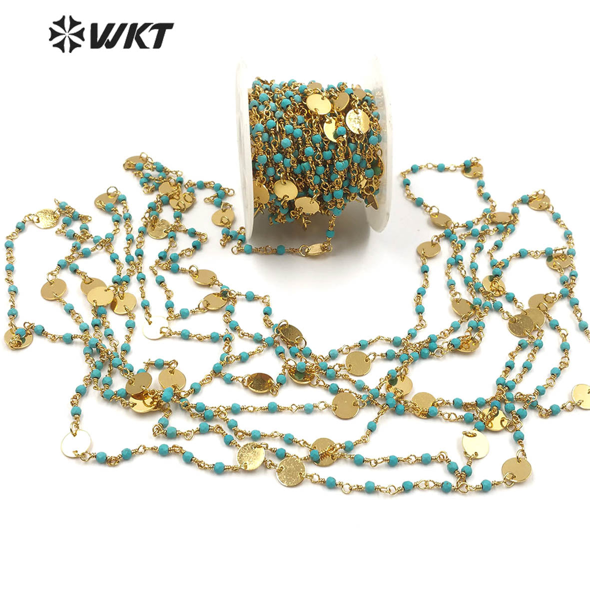WT-RBC147 Wholesale Turquoise Beads Chain Stylish Gold Plated Turquoise Rosary Beads Chain for DIY Jewelry Making