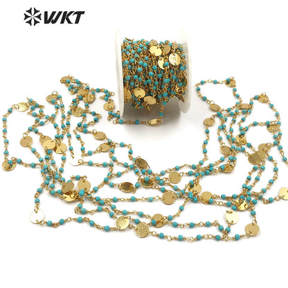 WT-RBC147 Wholesale Turquoise Beads Chain Stylish Gold Plated Turquoise Rosary Beads Chain for DIY Jewelry Making