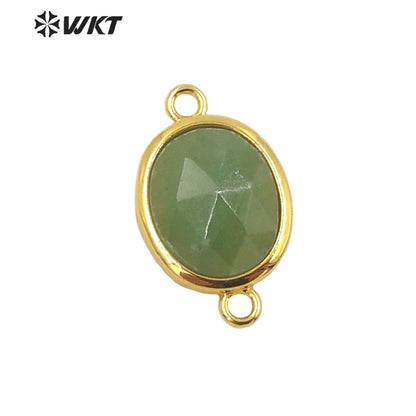 WT-C306 Wholesale Delicate Double Loops Stone Connector Jewelry Findings Chain Faceted Oval Shape Gemstone Charm Pendant