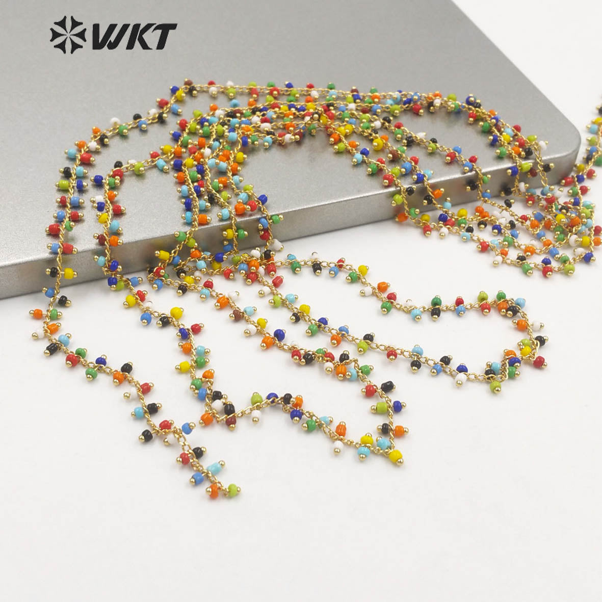 WT-RBC192 Newest Fashion Gold 2mm Glass Beads Jewelry Finding Chain for Necklace Design Women Colorful Rosary Beads Chain