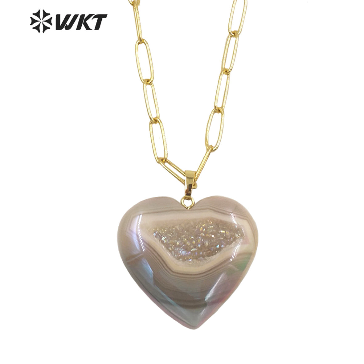 WT-N1394 Wholesale Fashion Gold Simple Grey Geode Agate Heart Stone Necklace Women Long Link Chain with Druzy Stone for Lover