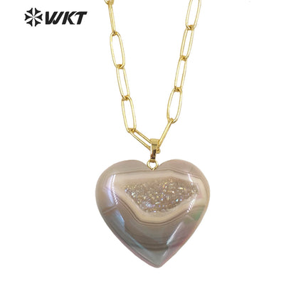 WT-N1394 Wholesale Fashion Gold Simple Grey Geode Agate Heart Stone Necklace Women Long Link Chain with Druzy Stone for Lover