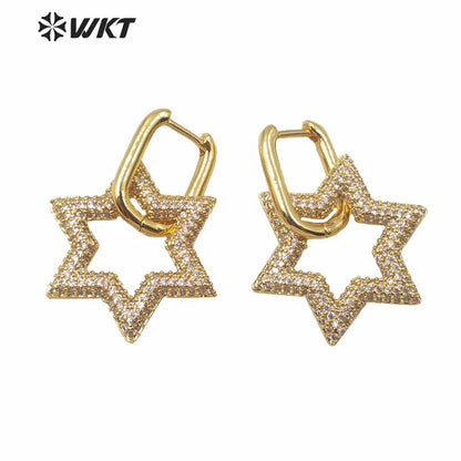 WT-ME074 Supper Hot Unique Shinning Cubic Zircon Earrings Gold Plated Star Heart Clasp Earrings Fashion Gold Cz Earrings