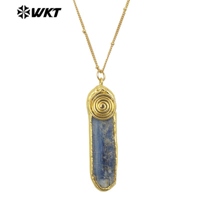 WT-N1466 Amazing Special Hand Craft Gold Plated Randomly Shape Natural Raw Blue Kyanite Pendant Necklace