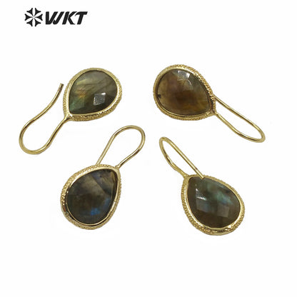 WT-E620 WKT Gold Bezel Tiny Water Drop Shape Labradorite Hoop Earrings Women Fashion Gold Stone Hoop Earrings As Gift