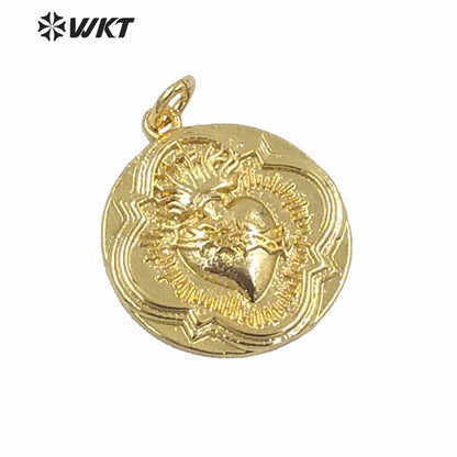 WT-MP182 Full Gold Electroplated Round Flower Shape Coin Pendant Unique Design Religious Heart Medals Pendant