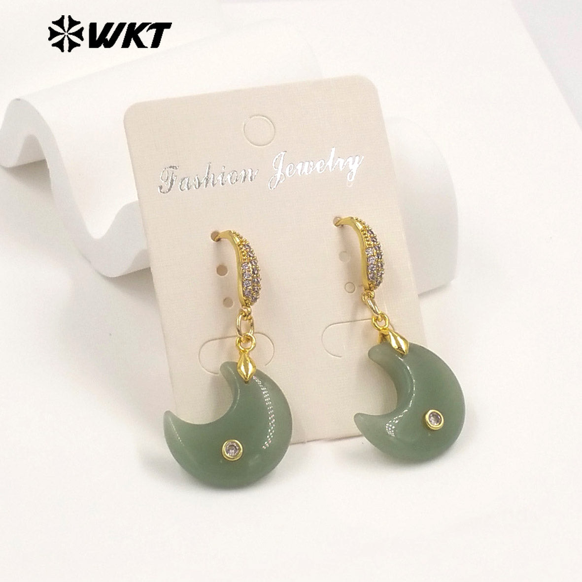 WT-E816 Lovely Style Zircon And Natural Gemstones Moon Shape Little Gold Pendant Earrings As Lady Daily Decorative Jewelry