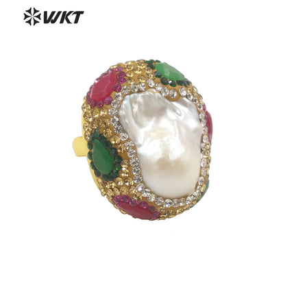 WT-MPR034 Pretty European and American Fashion Ball Pearl Ring Color Zircon Ring with 18k Gold Plated Adjustable Pearl Ring