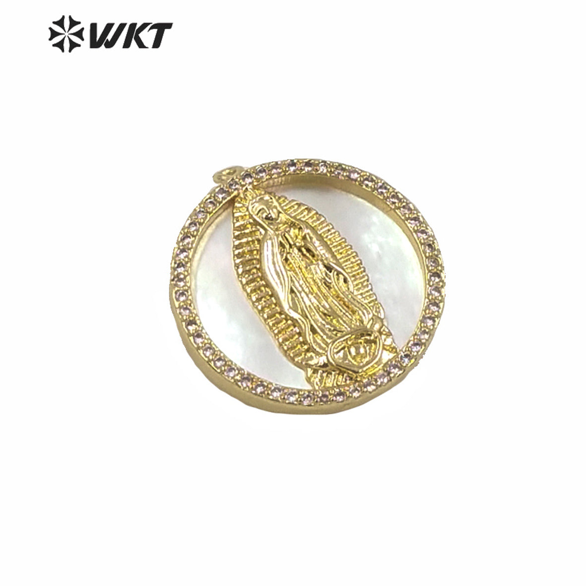 WT-MP144 WKT New Small Size White MOP Shell Virgin Mary Religious Pendant Hot Gold Electroplated Round Coin Mary Pendant