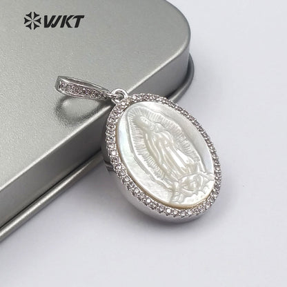 WT-MP107 Charm Dainty Virgin Mary Shell Pendent in Gold or Sliver Religious Jewelry Gift for Women Micro Pave Shell Pendant