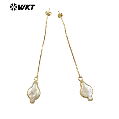 WT-MPE153 High Quality Natural Freshwater Pearl Long Earrings Gold Plated Double Design for Elegant Ladies Tiny Charm Jewelry