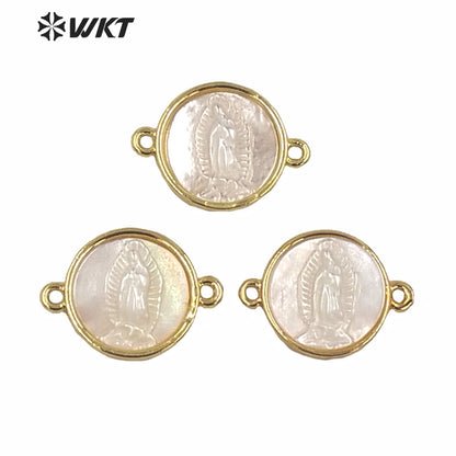 WT-MP169 Wholesale Gold Bezel MOP Jesus Mother Virgin Mary Pendant Gold Bezel Double Loops MOP Shell Mary Connectors Pendant