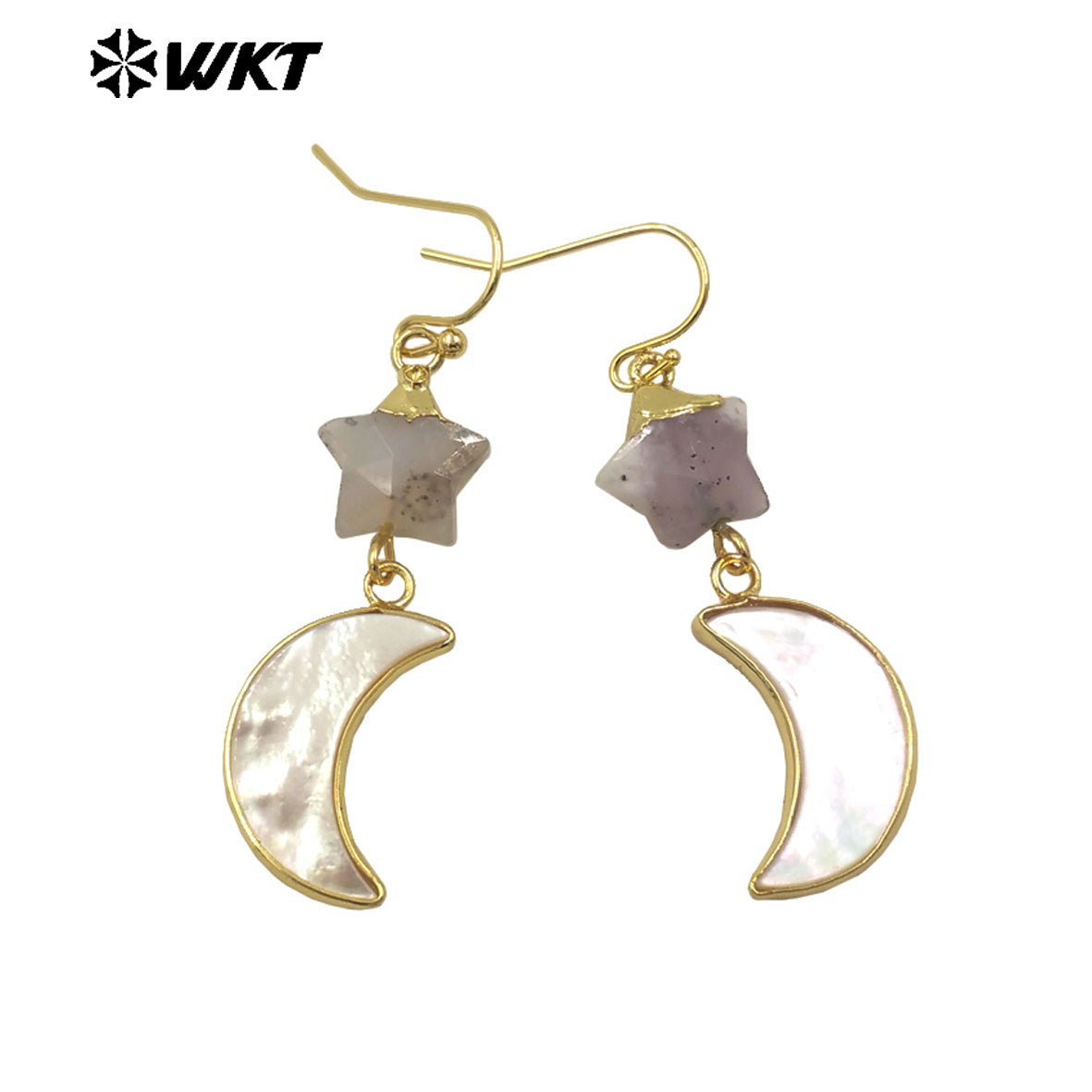 WT-MPE152 Lovely Design Natural Stone and Shell Star Earrings with Moon Shape Charms Gold Electroplated for Ladies Jewelry Gift